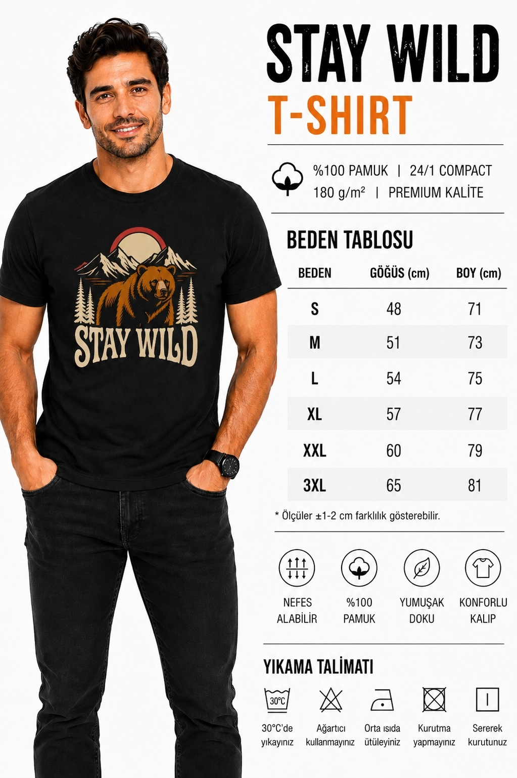 Etifa Stay Wild Ayı Baskılı Siyah Unisex Tişört %100 Pamuk Premium Outdoor T-Shirt