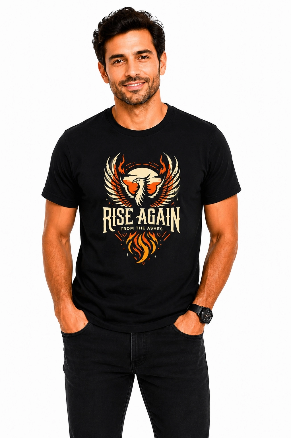 Etifa Rise Again Kartal Baskılı Siyah Unisex Tişört %100 Pamuk Premium T-Shirt