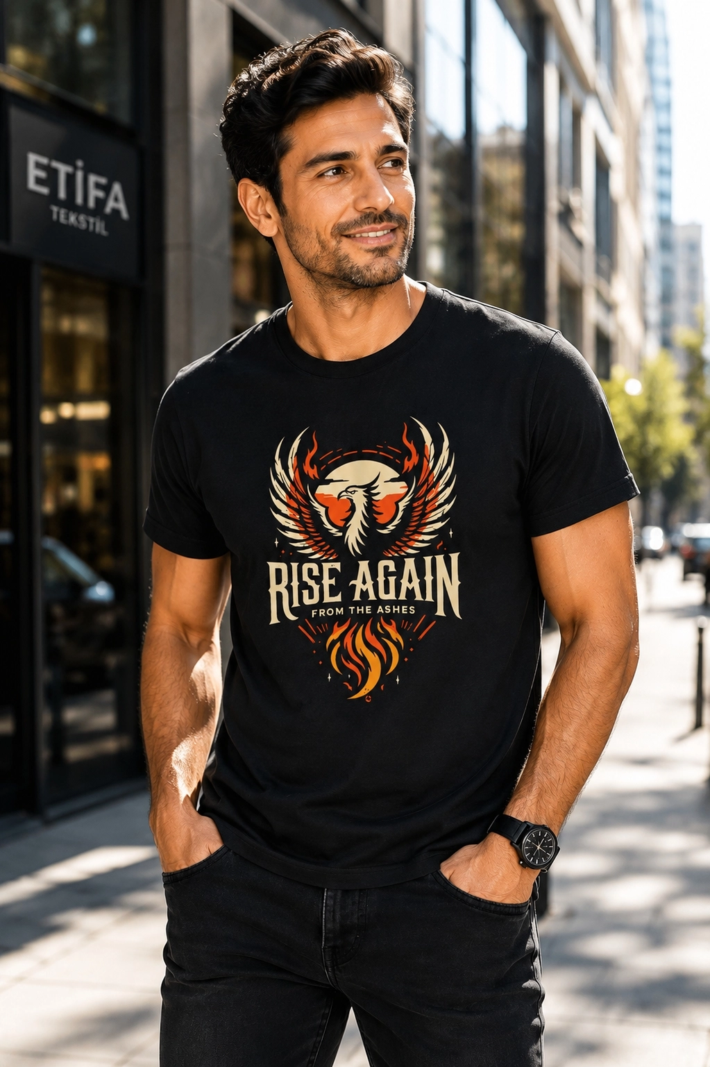 Etifa Rise Again Kartal Baskılı Siyah Unisex Tişört %100 Pamuk Premium T-Shirt