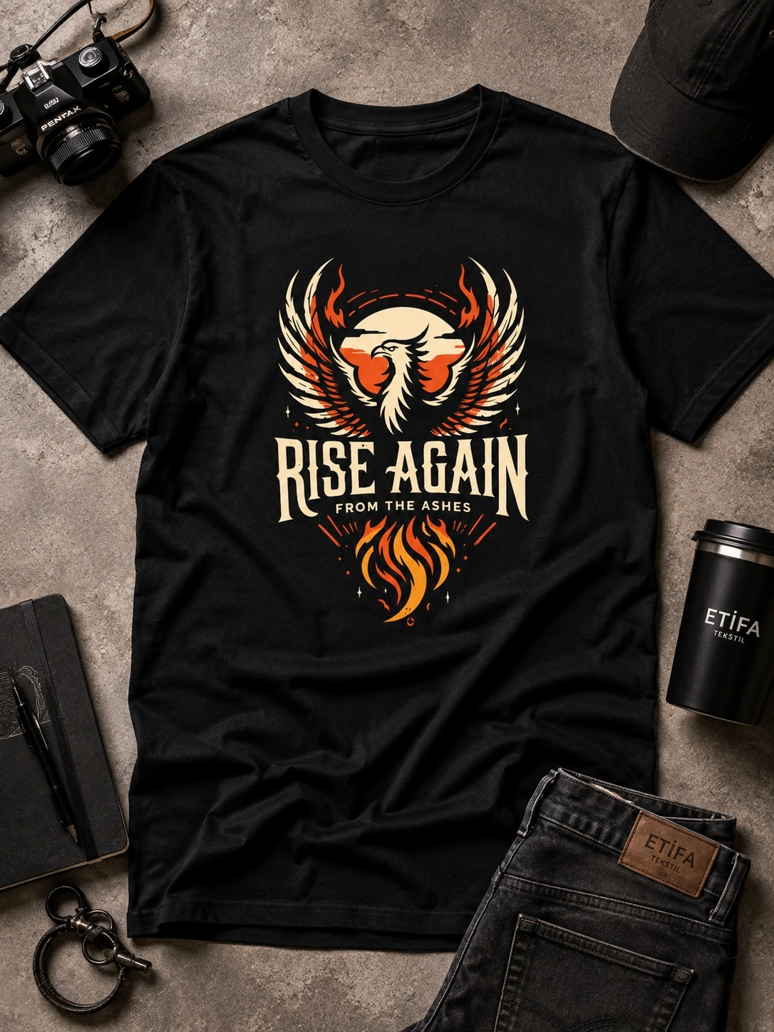 Etifa Rise Again Kartal Baskılı Siyah Unisex Tişört %100 Pamuk Premium T-Shirt