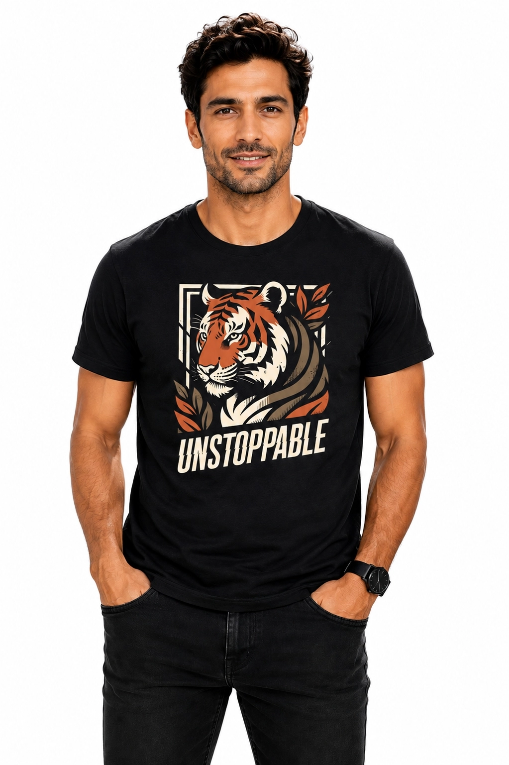 Etifa Unstoppable Kaplan Baskılı Siyah Unisex Tişört %100 Pamuk Premium T-Shirt