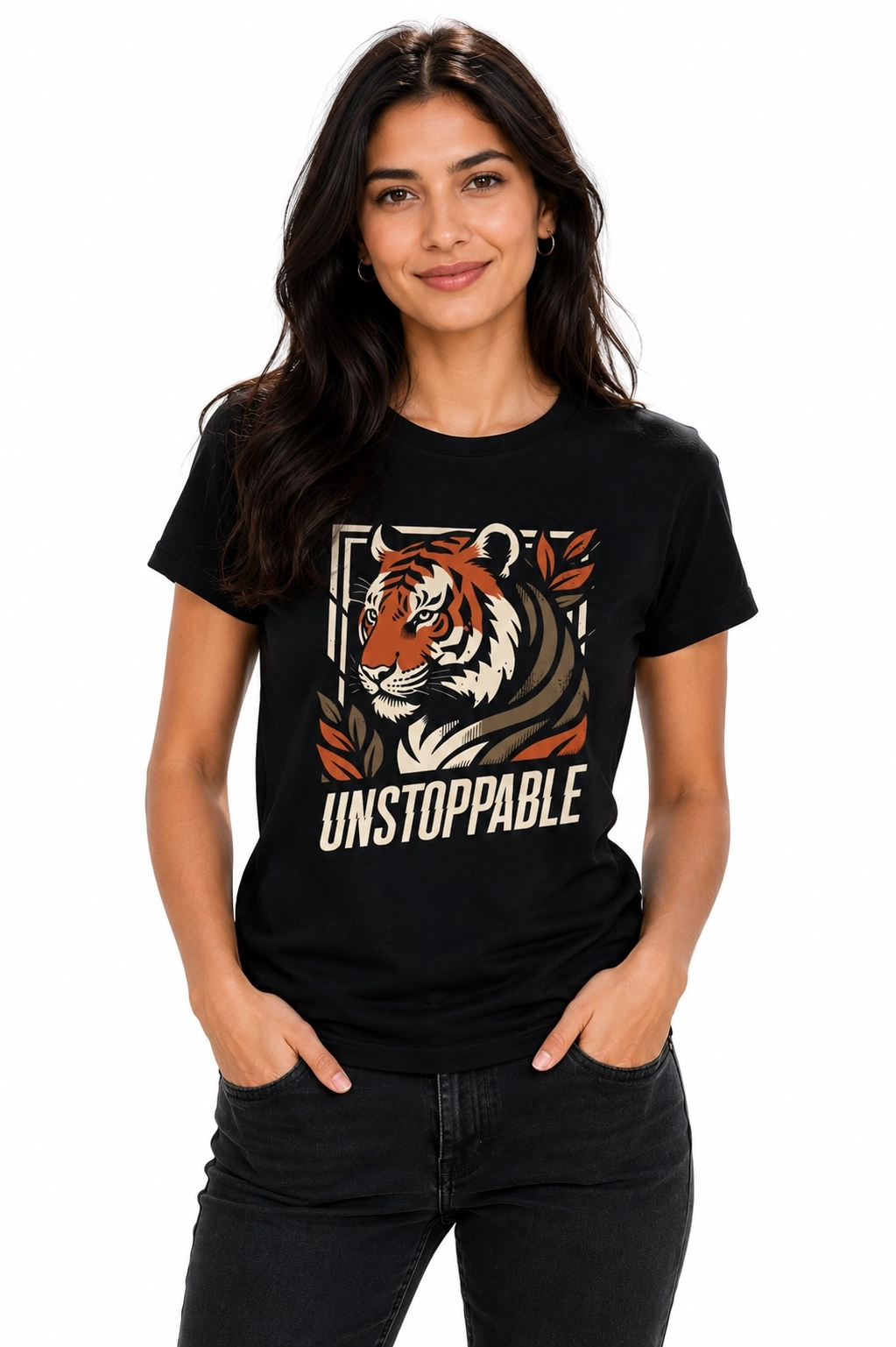 Etifa Unstoppable Kaplan Baskılı Siyah Unisex Tişört %100 Pamuk Premium T-Shirt