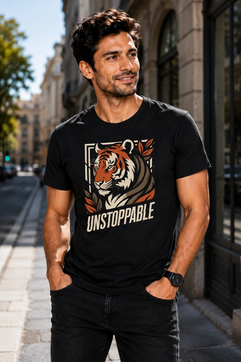 Etifa Unstoppable Kaplan Baskılı Siyah Unisex Tişört %100 Pamuk Premium T-Shirt