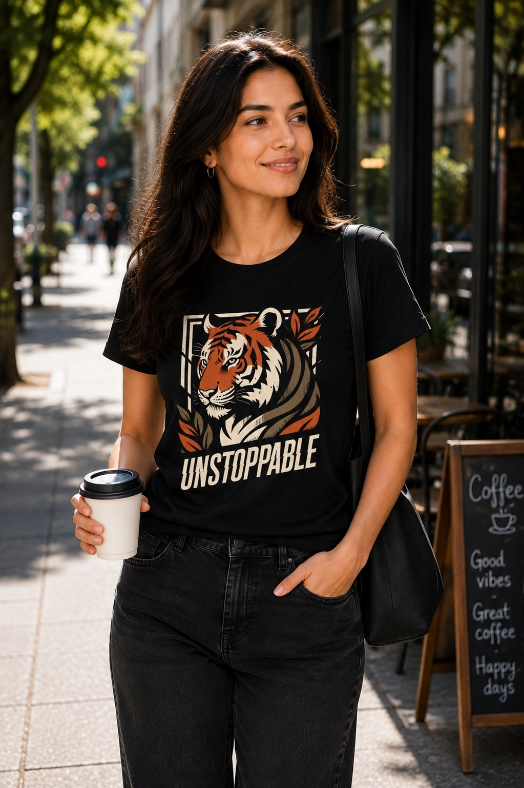 Etifa Unstoppable Kaplan Baskılı Siyah Unisex Tişört %100 Pamuk Premium T-Shirt