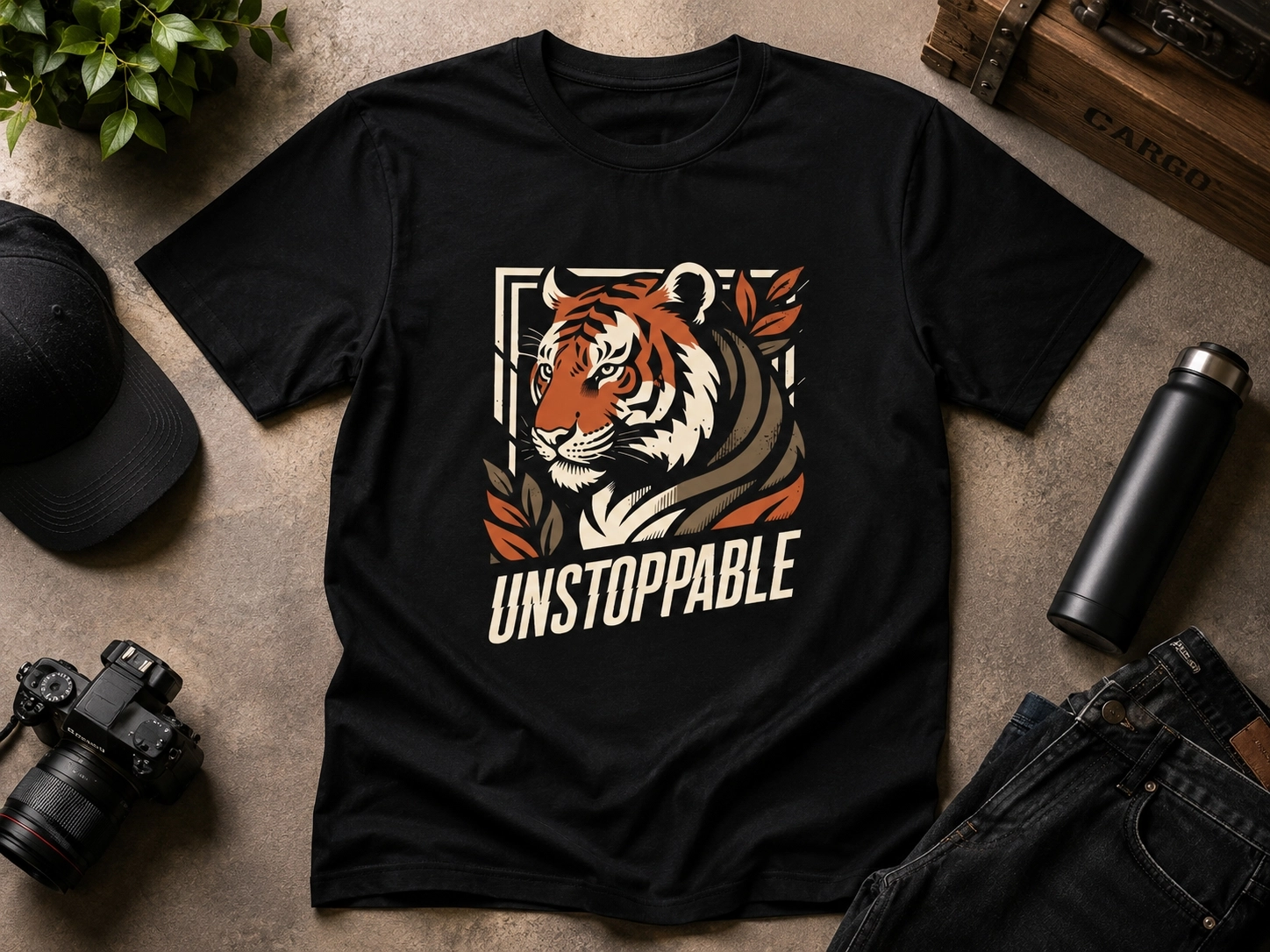 Etifa Unstoppable Kaplan Baskılı Siyah Unisex Tişört %100 Pamuk Premium T-Shirt