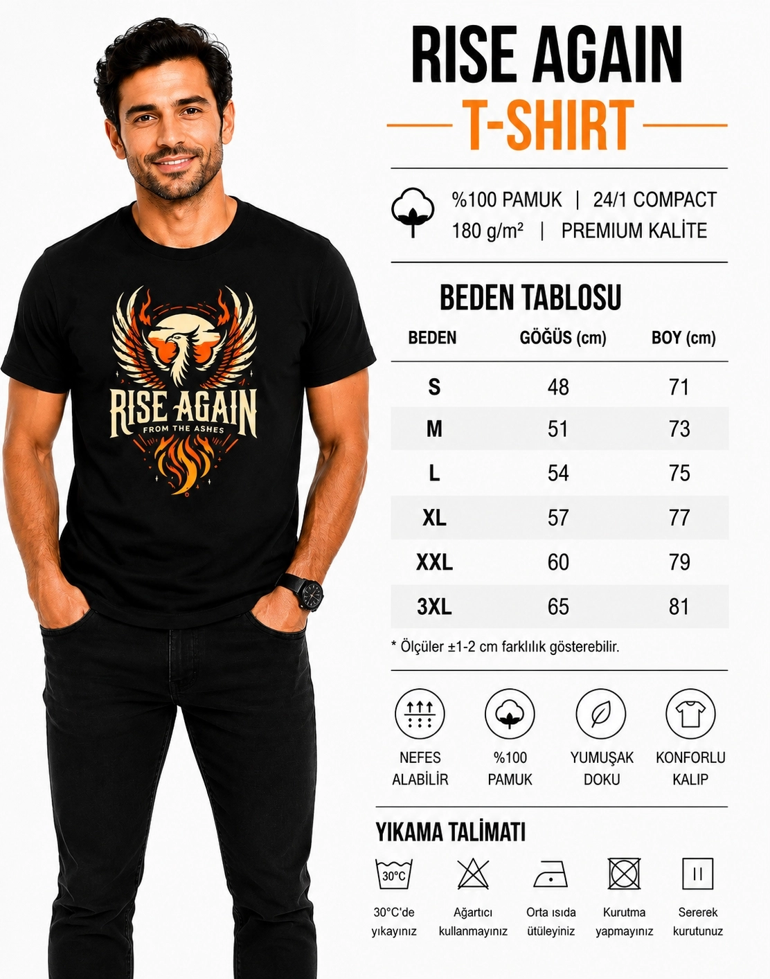 Etifa Rise Again Kartal Baskılı Siyah Unisex Tişört %100 Pamuk Premium T-Shirt