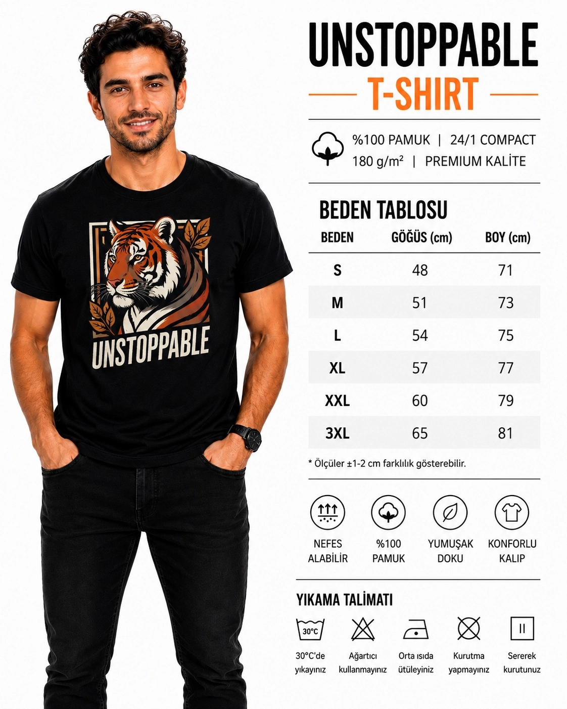 Etifa Unstoppable Kaplan Baskılı Siyah Unisex Tişört %100 Pamuk Premium T-Shirt