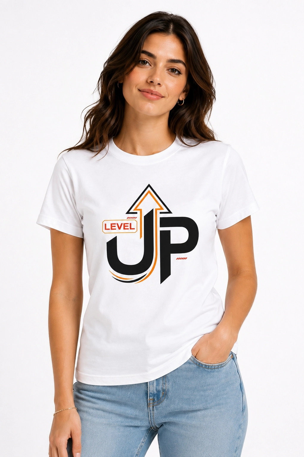 Etifa Level Up Premium Unisex Tişört %100 Pamuk Modern Beyaz Tişört
