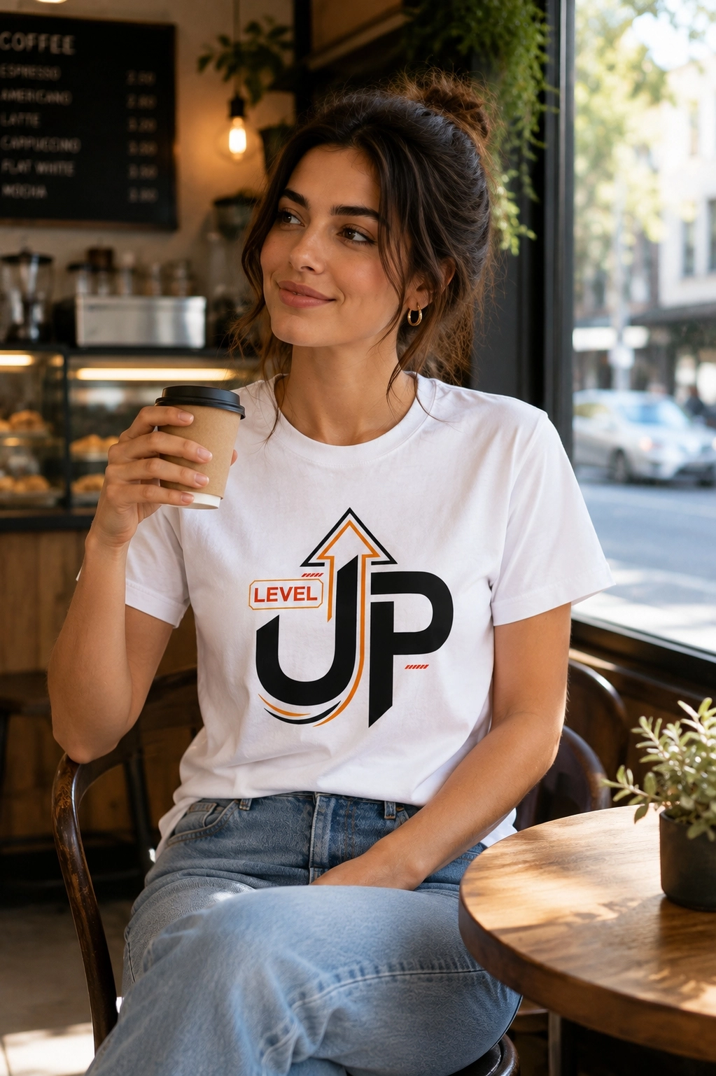 Etifa Level Up Premium Unisex Tişört %100 Pamuk Modern Beyaz Tişört