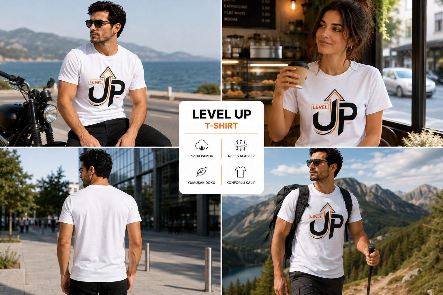 Etifa Level Up Premium Unisex Tişört %100 Pamuk Modern Beyaz Tişört