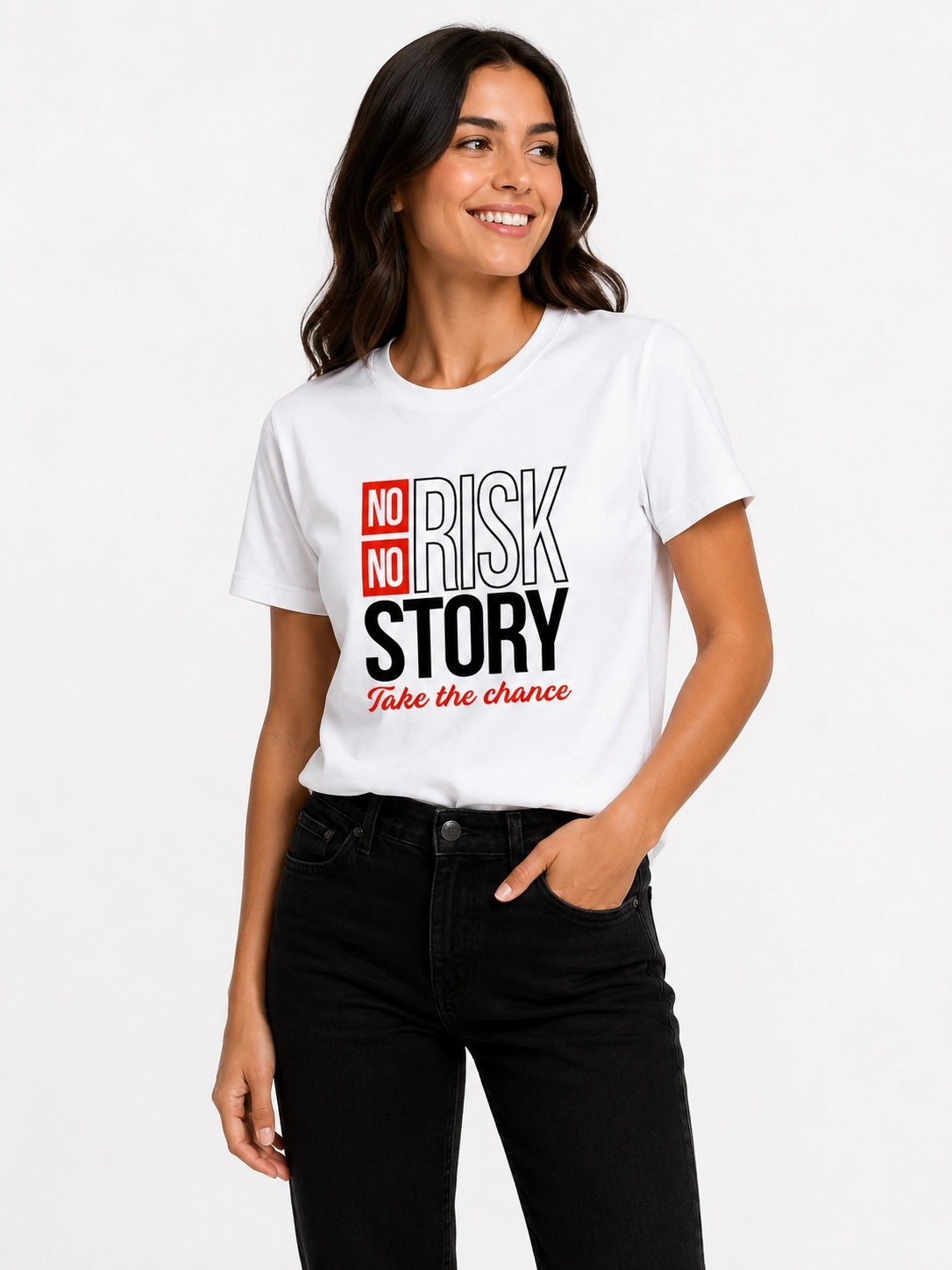 Etifa No Risk No Story Premium Unisex Tişört %100 Pamuk Modern Beyaz Tişört