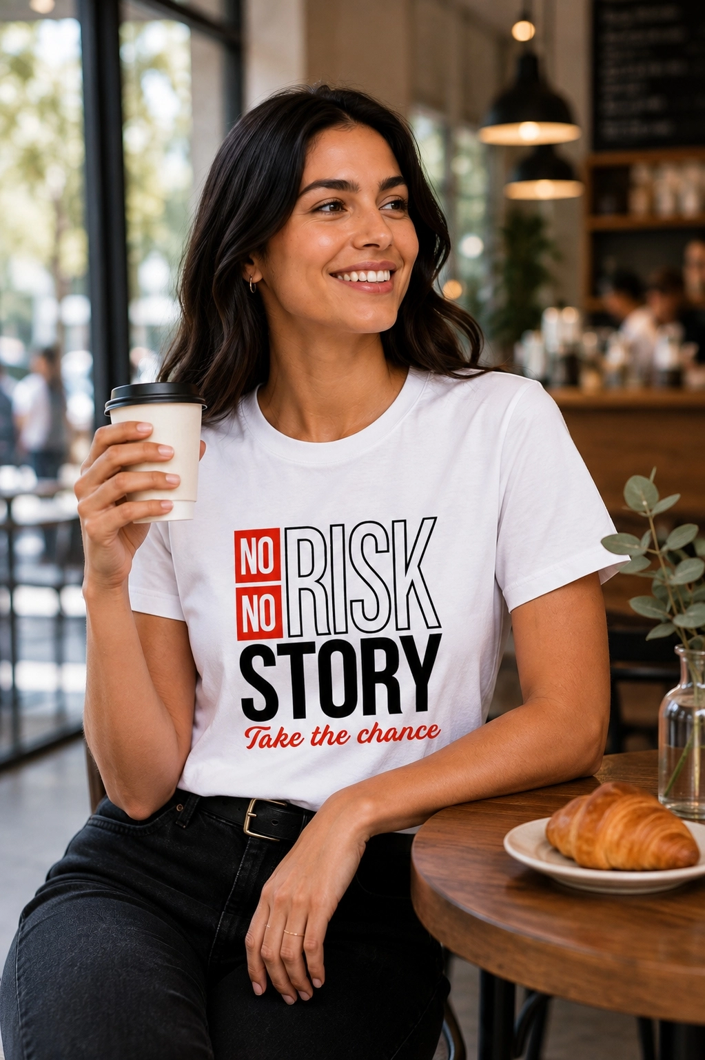 Etifa No Risk No Story Premium Unisex Tişört %100 Pamuk Modern Beyaz Tişört