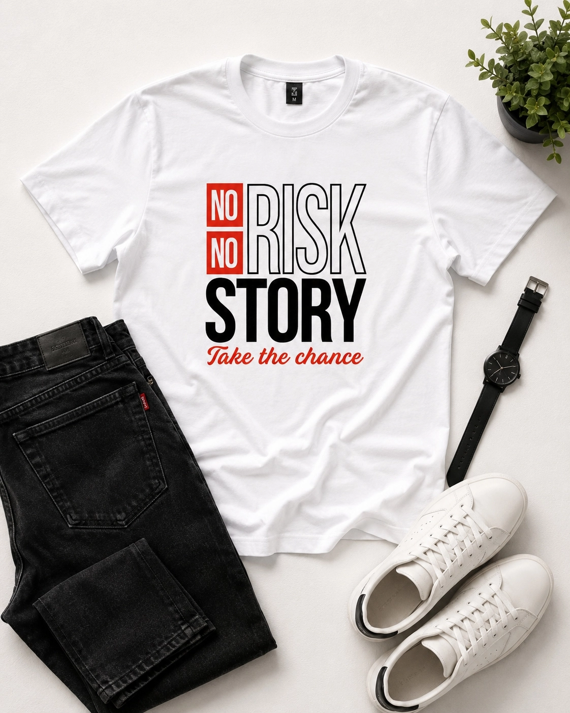 Etifa No Risk No Story Premium Unisex Tişört %100 Pamuk Modern Beyaz Tişört
