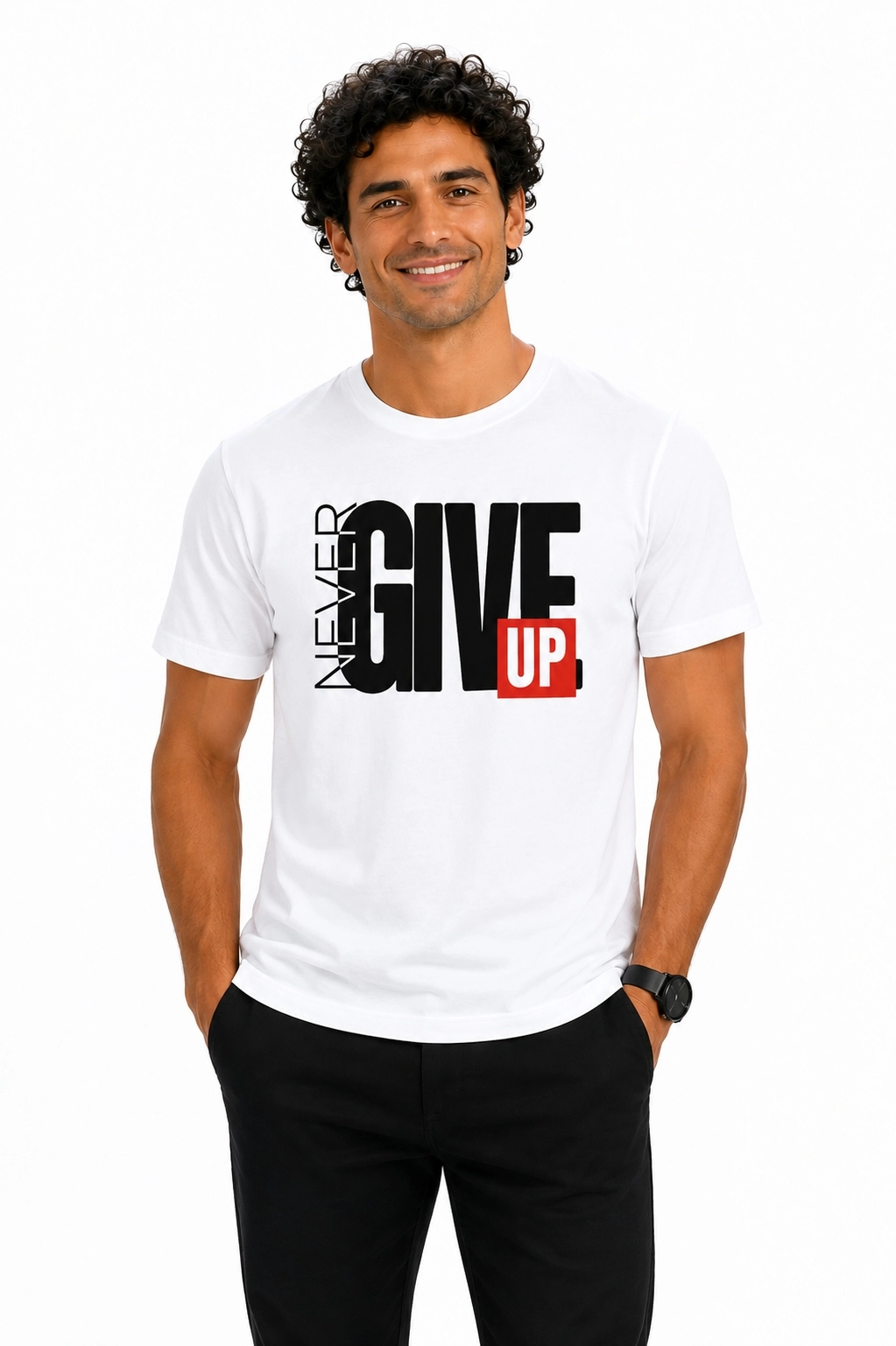 Etifa Never Give Up Premium Unisex Tişört %100 Pamuk Modern Beyaz Tişört