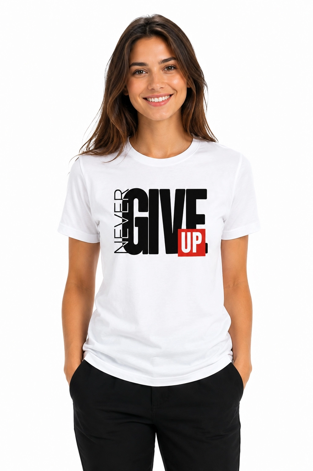 Etifa Never Give Up Premium Unisex Tişört %100 Pamuk Modern Beyaz Tişört