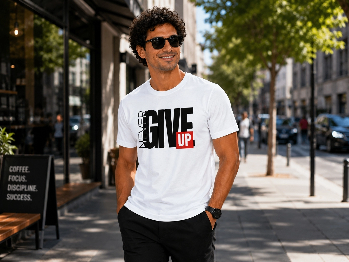 Etifa Never Give Up Premium Unisex Tişört %100 Pamuk Modern Beyaz Tişört