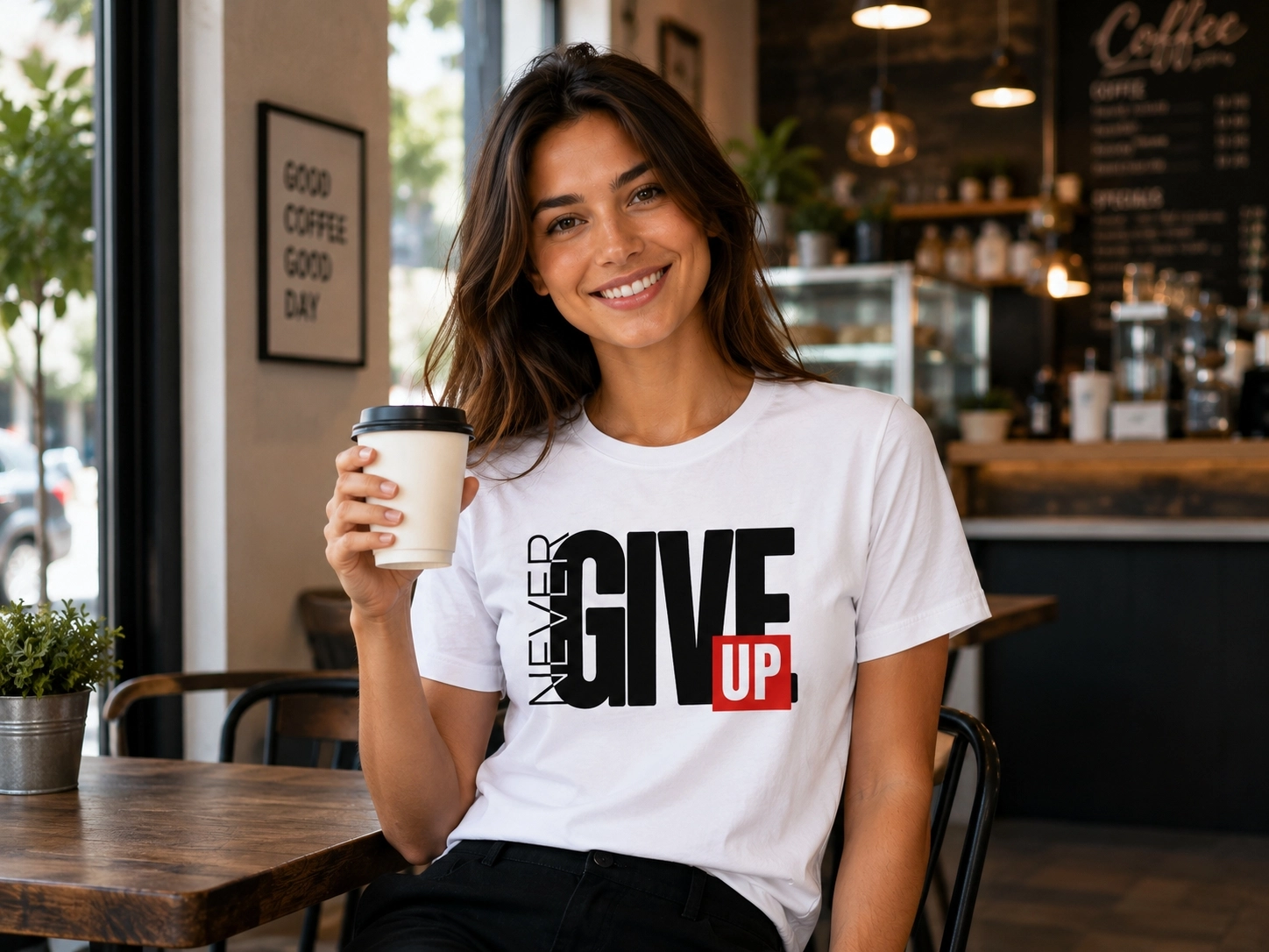 Etifa Never Give Up Premium Unisex Tişört %100 Pamuk Modern Beyaz Tişört