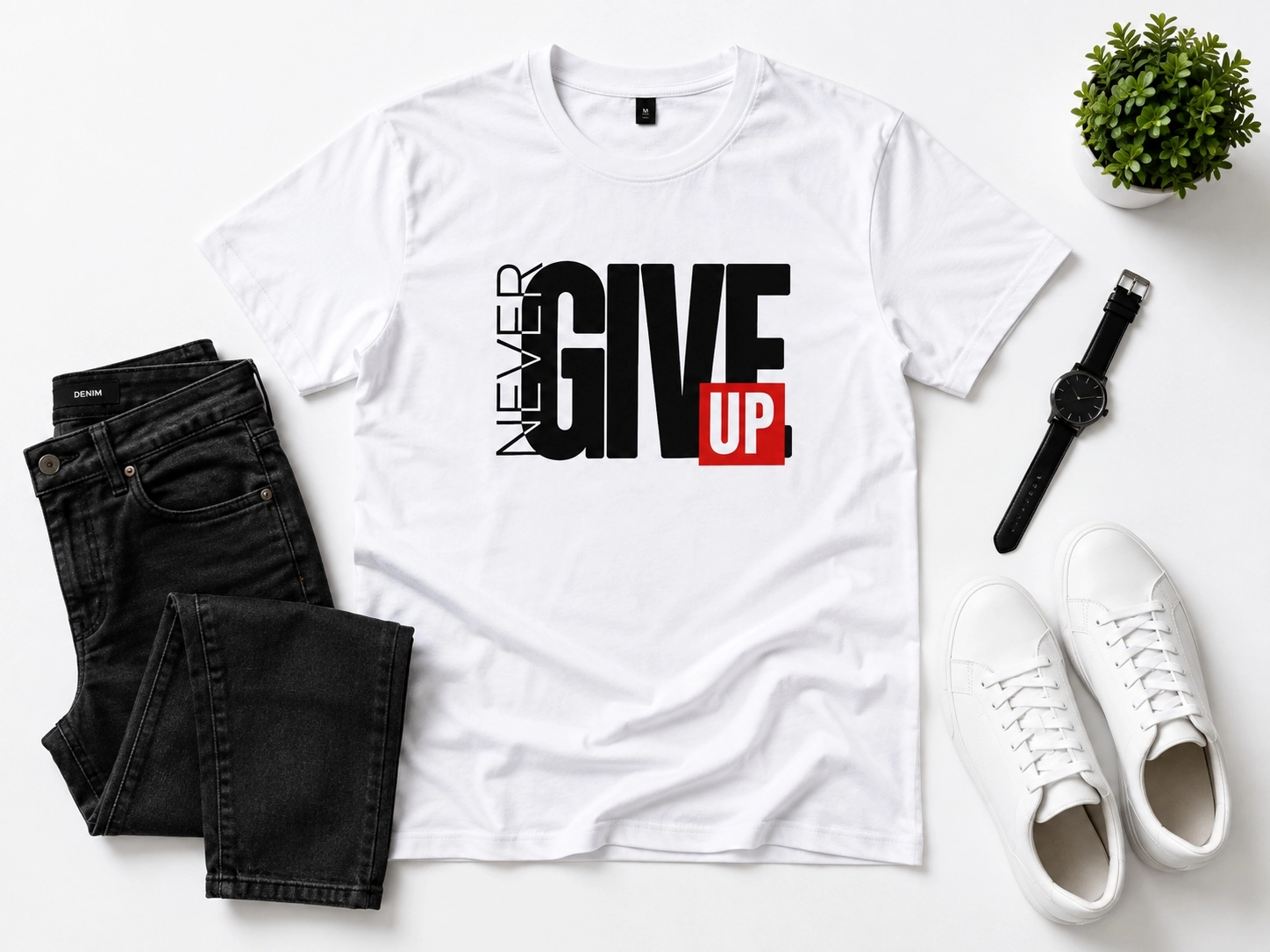 Etifa Never Give Up Premium Unisex Tişört %100 Pamuk Modern Beyaz Tişört
