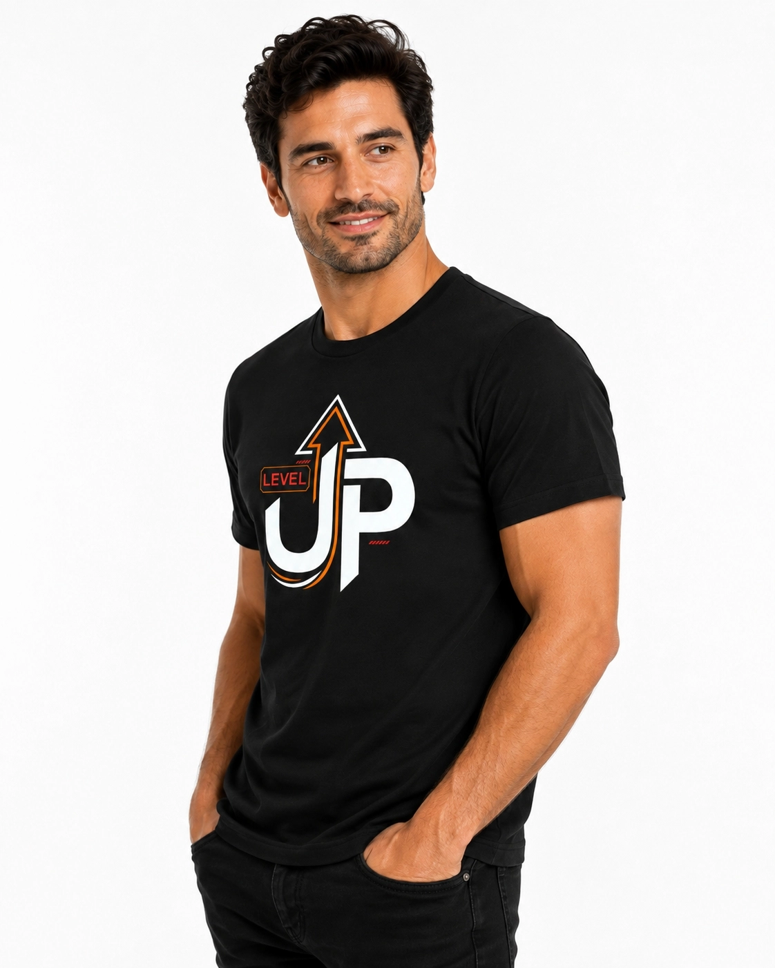 Etifa Level Up Premium Unisex Tişört %100 Pamuk Modern Siyah Tişört