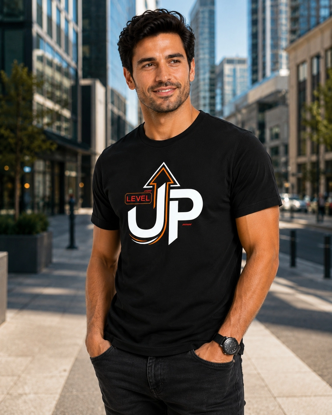 Etifa Level Up Premium Unisex Tişört %100 Pamuk Modern Siyah Tişört