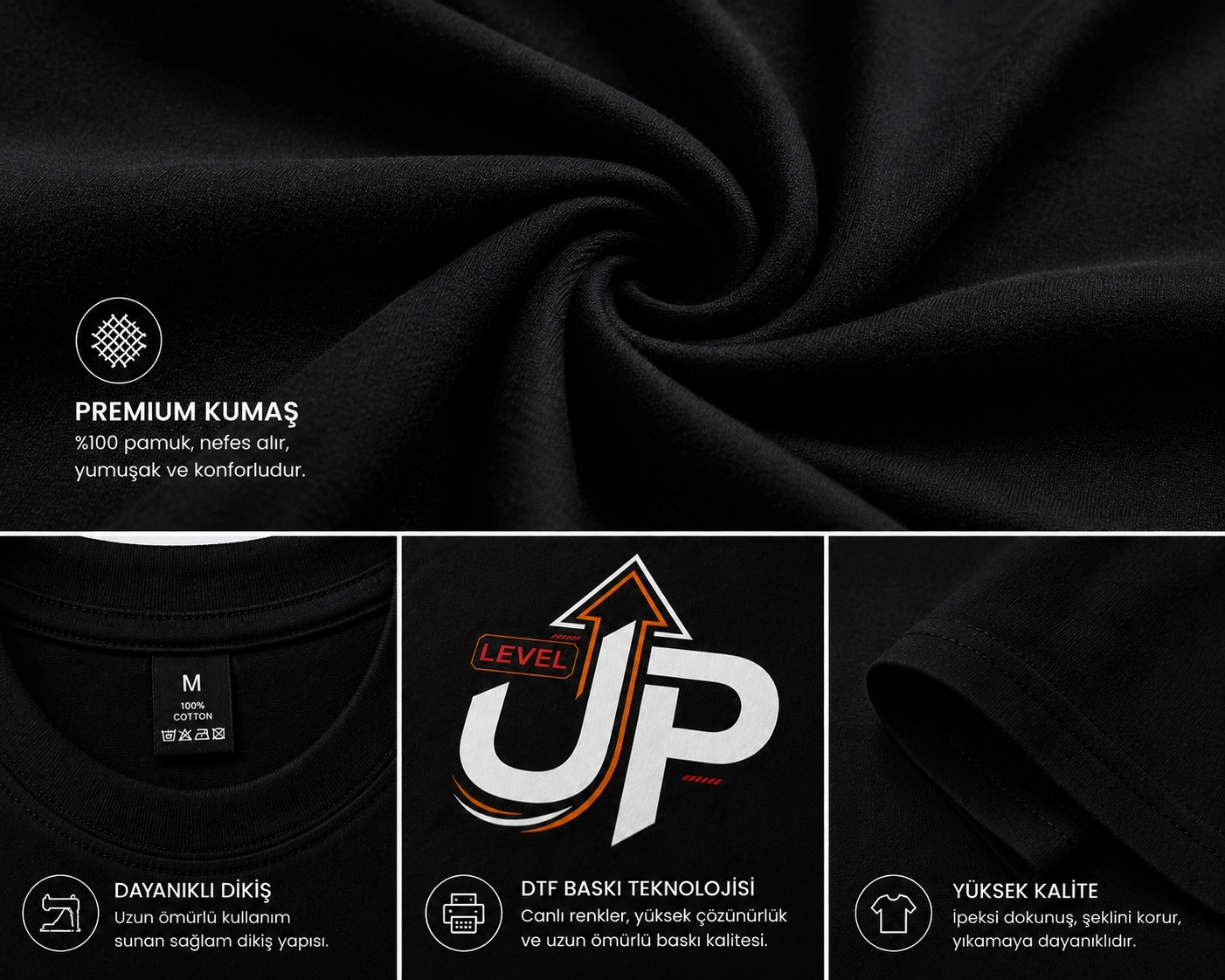 Etifa Level Up Premium Unisex Tişört %100 Pamuk Modern Siyah Tişört