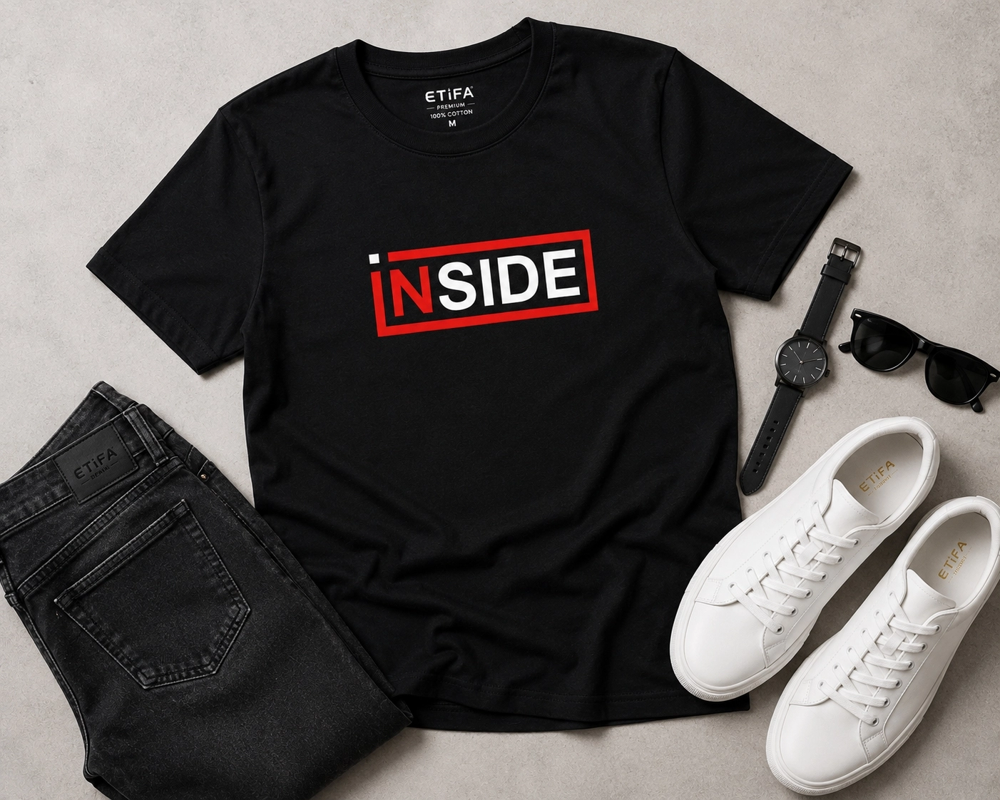 Etifa Inside Premium Unisex Tişört %100 Pamuk Modern Siyah Tişört