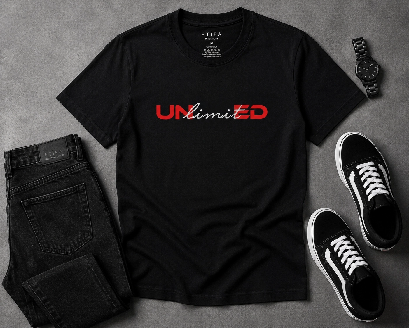 Etifa Unlimited Premium Unisex Tişört %100 Pamuk Modern Siyah Tişört