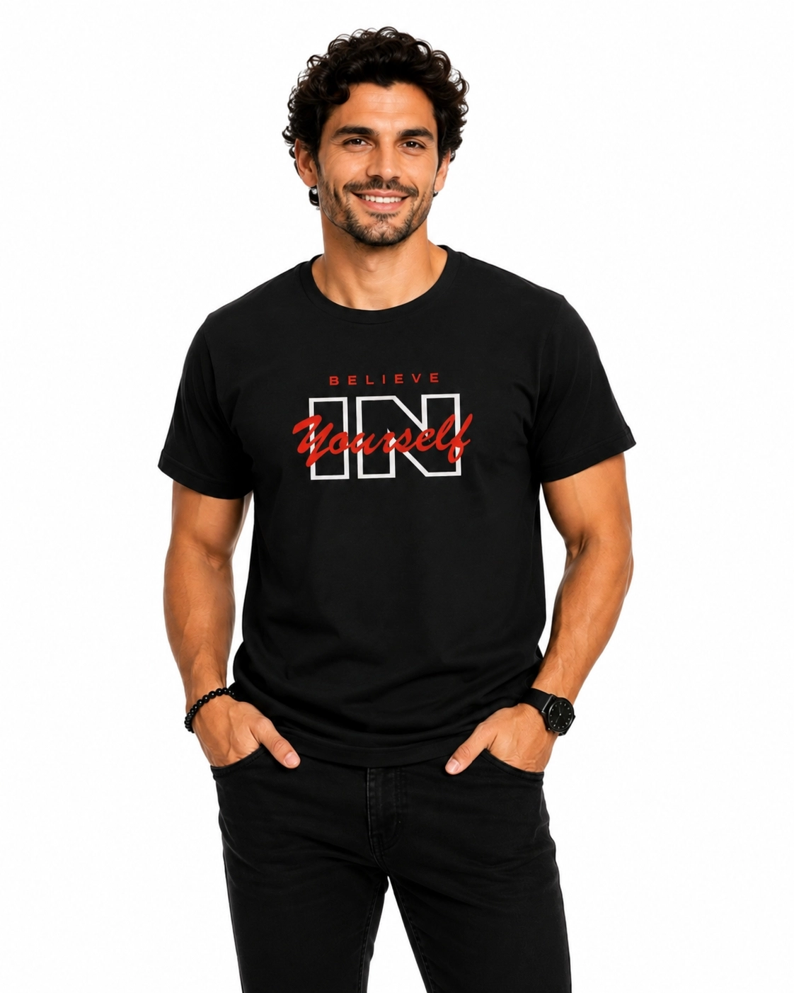 Etifa Believe In Yourself Premium Unisex Tişört %100 Pamuk Modern Siyah Tişört