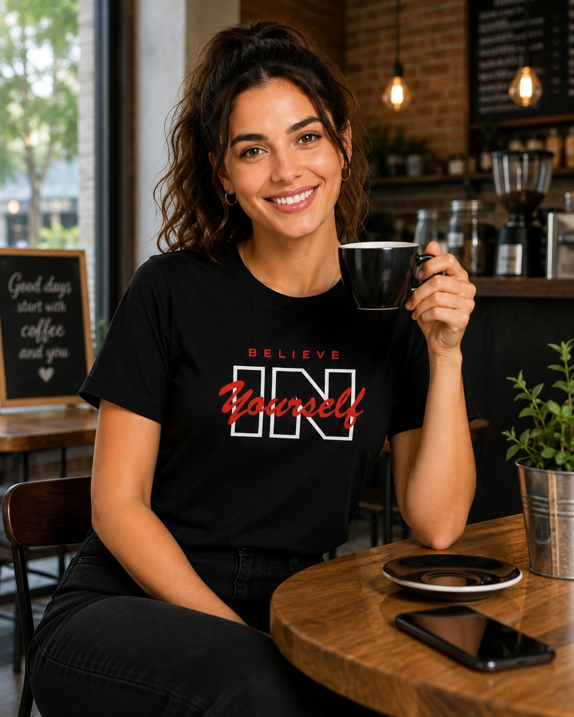 Etifa Believe In Yourself Premium Unisex Tişört %100 Pamuk Modern Siyah Tişört