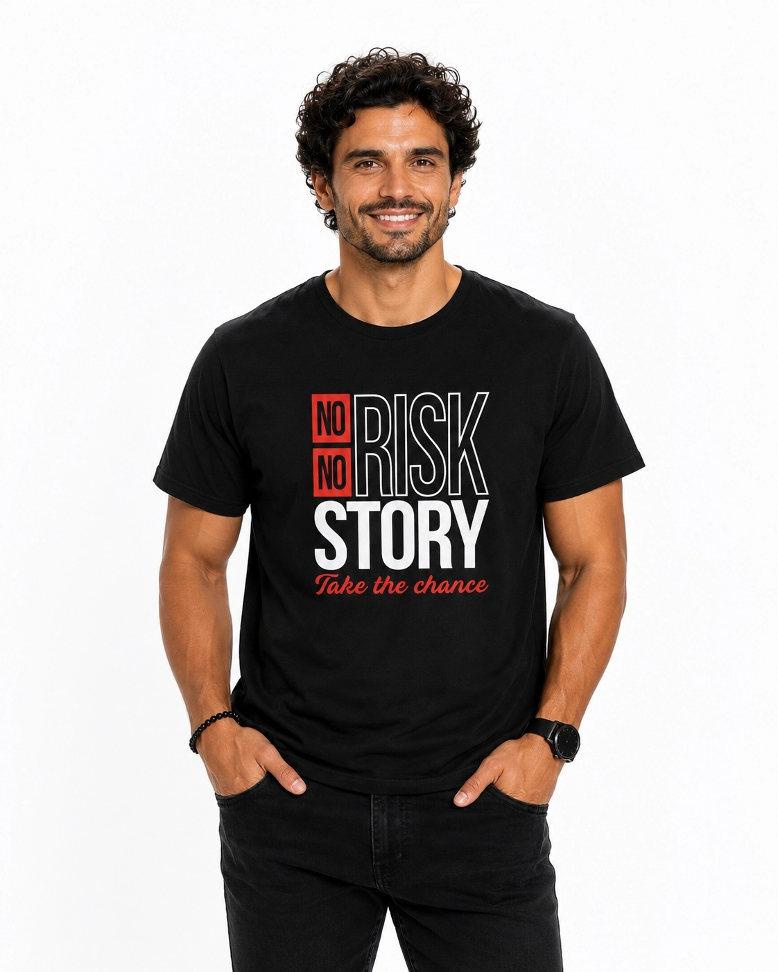 Etifa No Risk No Story Premium Unisex Tişört %100 Pamuk Modern Siyah Tişört