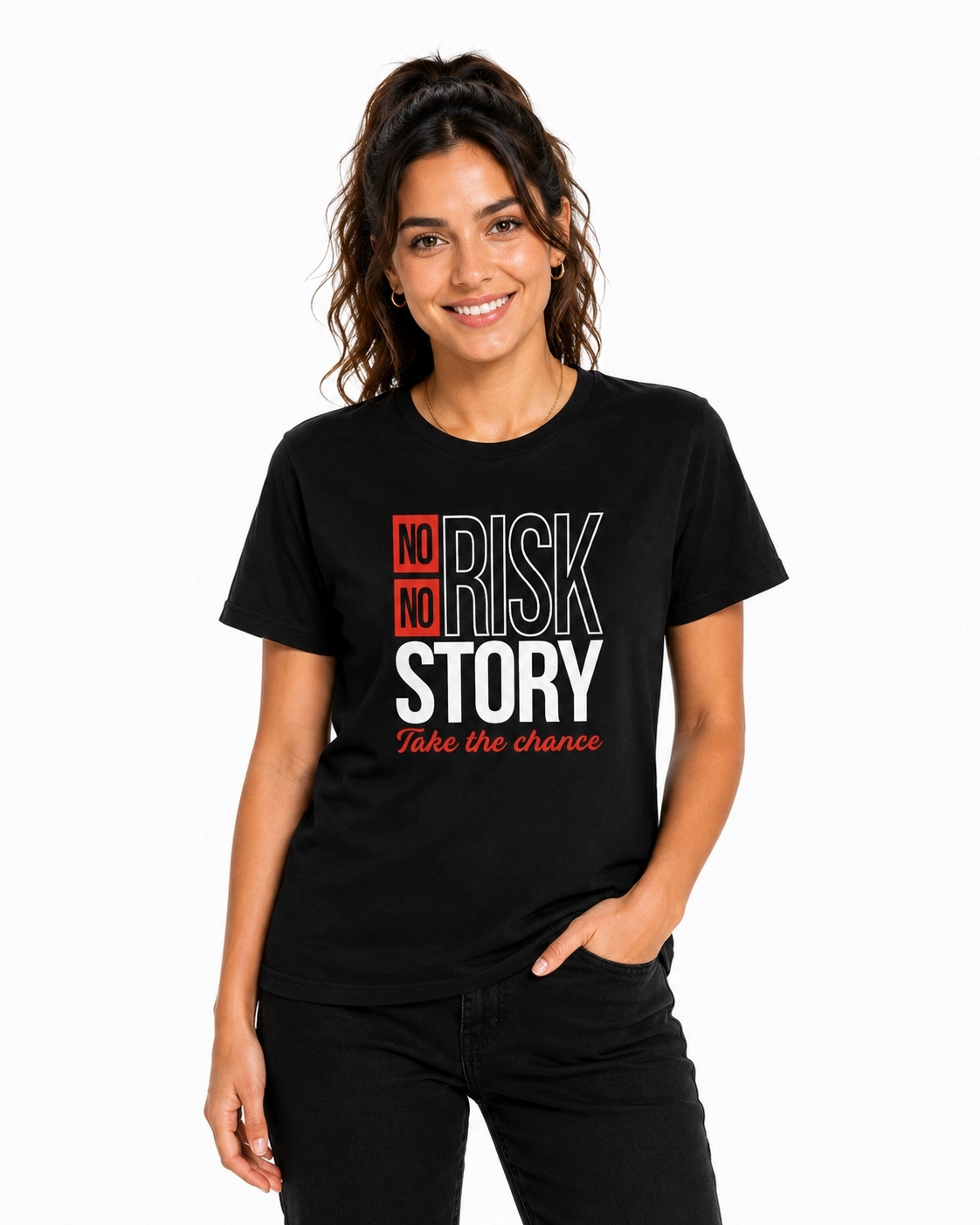 Etifa No Risk No Story Premium Unisex Tişört %100 Pamuk Modern Siyah Tişört