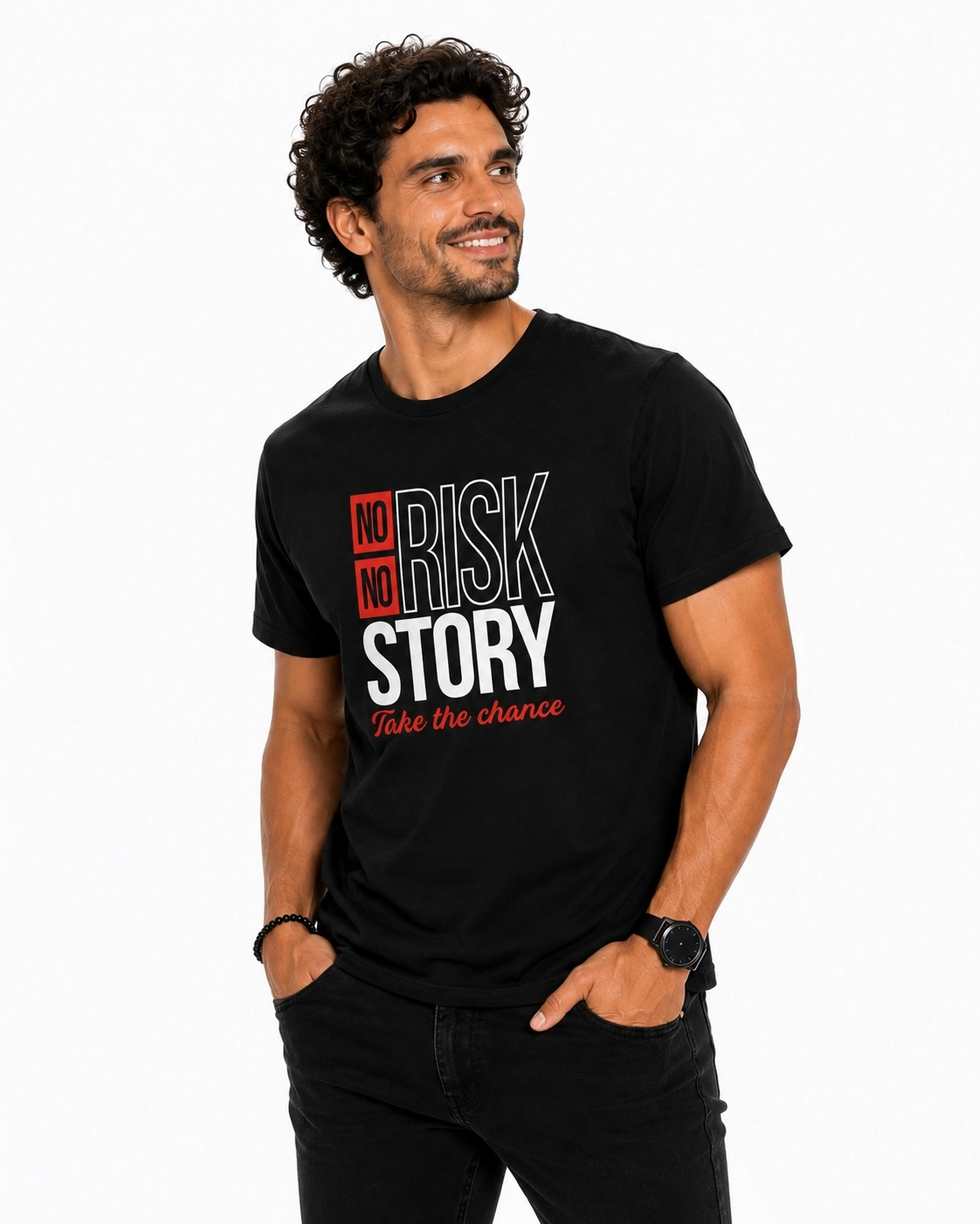 Etifa No Risk No Story Premium Unisex Tişört %100 Pamuk Modern Siyah Tişört