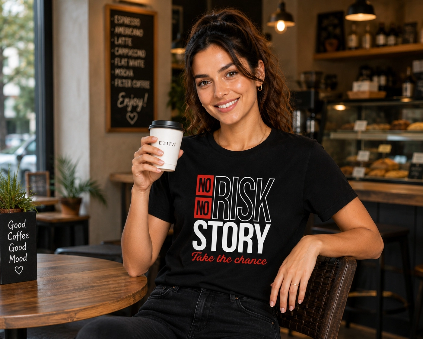 Etifa No Risk No Story Premium Unisex Tişört %100 Pamuk Modern Siyah Tişört