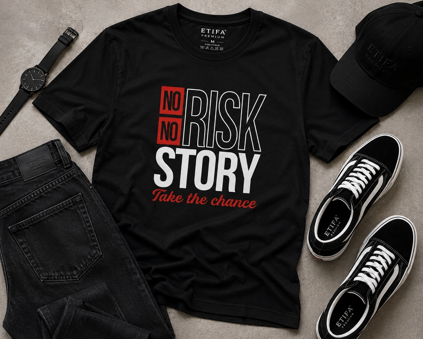 Etifa No Risk No Story Premium Unisex Tişört %100 Pamuk Modern Siyah Tişört