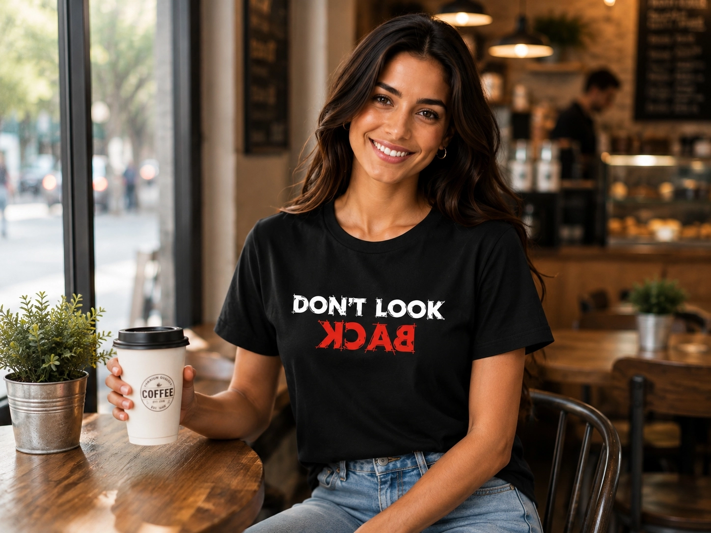 Etifa Don’t Look Back Premium Unisex Tişört %100 Pamuk Modern Siyah Tişört