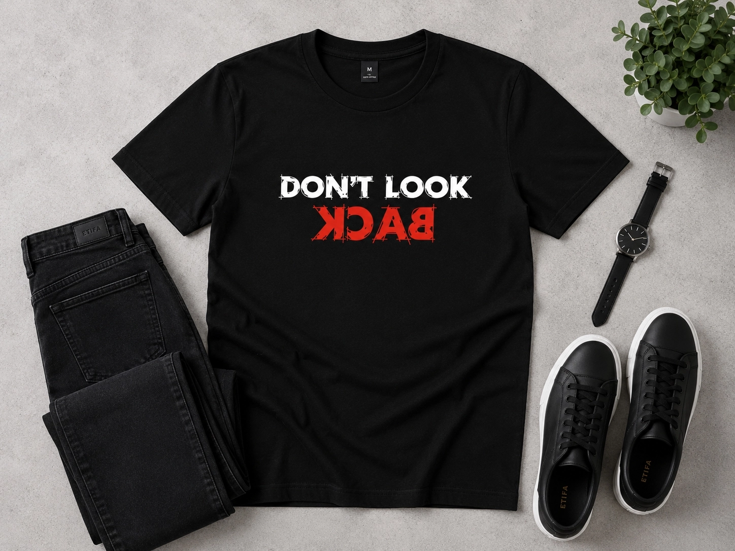 Etifa Don’t Look Back Premium Unisex Tişört %100 Pamuk Modern Siyah Tişört