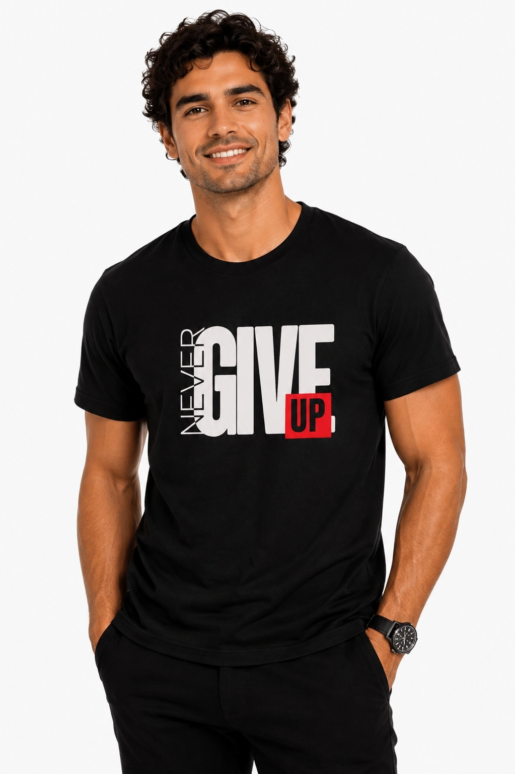 Etifa Never Give Up Premium Unisex Tişört %100 Pamuk Modern Siyah Tişört