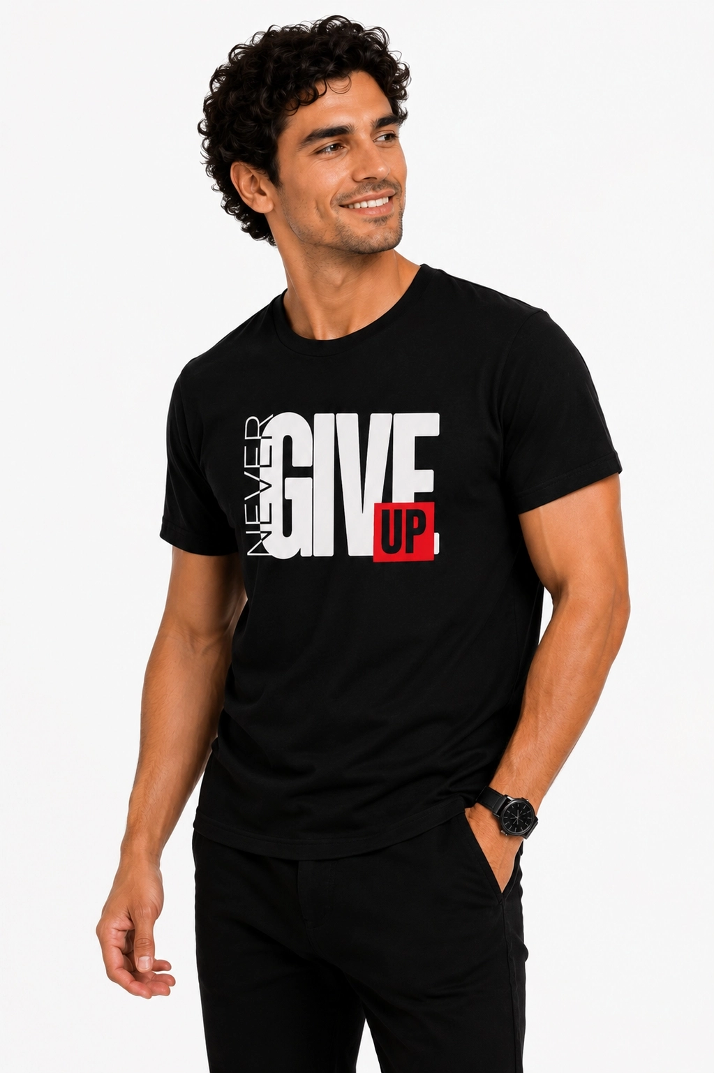 Etifa Never Give Up Premium Unisex Tişört %100 Pamuk Modern Siyah Tişört