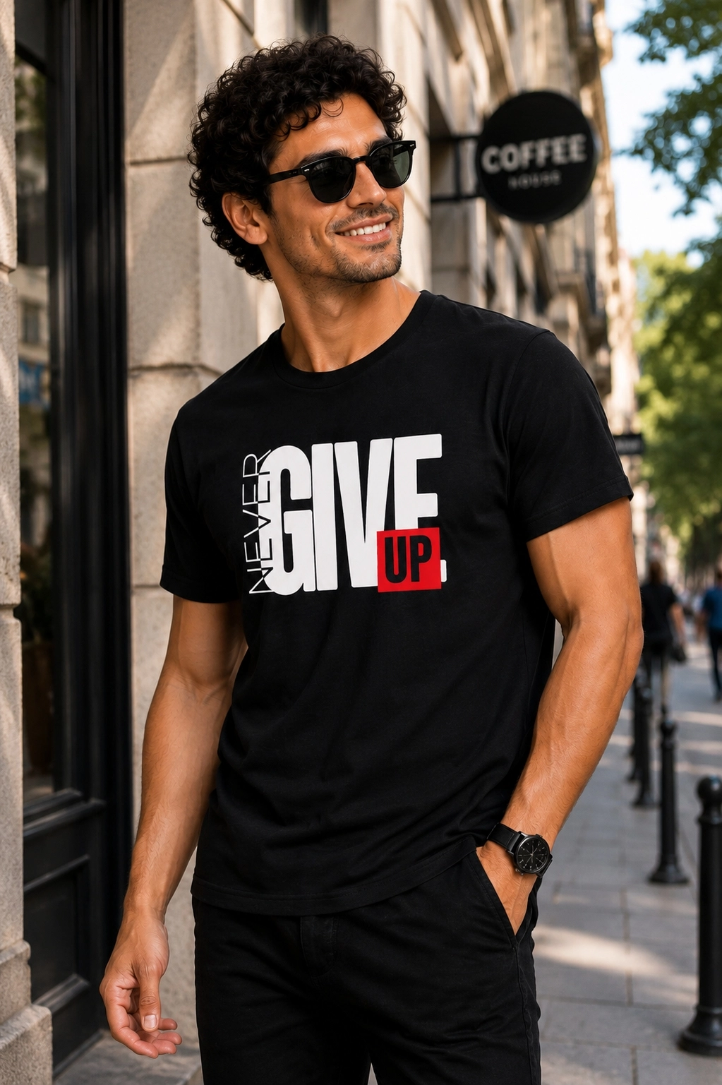 Etifa Never Give Up Premium Unisex Tişört %100 Pamuk Modern Siyah Tişört