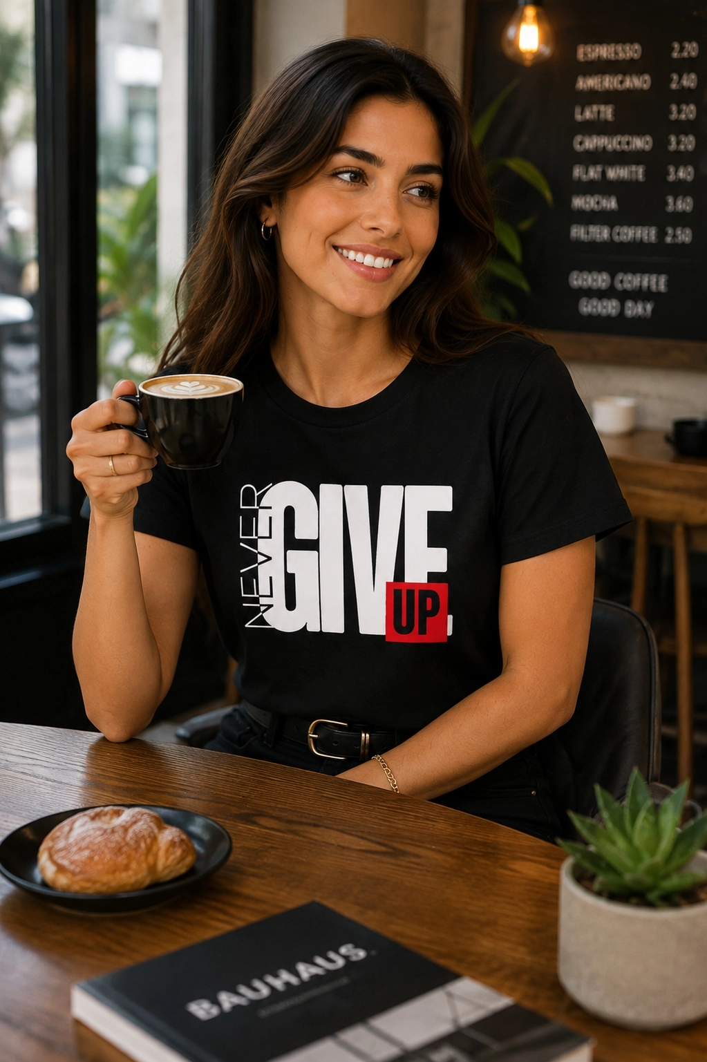 Etifa Never Give Up Premium Unisex Tişört %100 Pamuk Modern Siyah Tişört