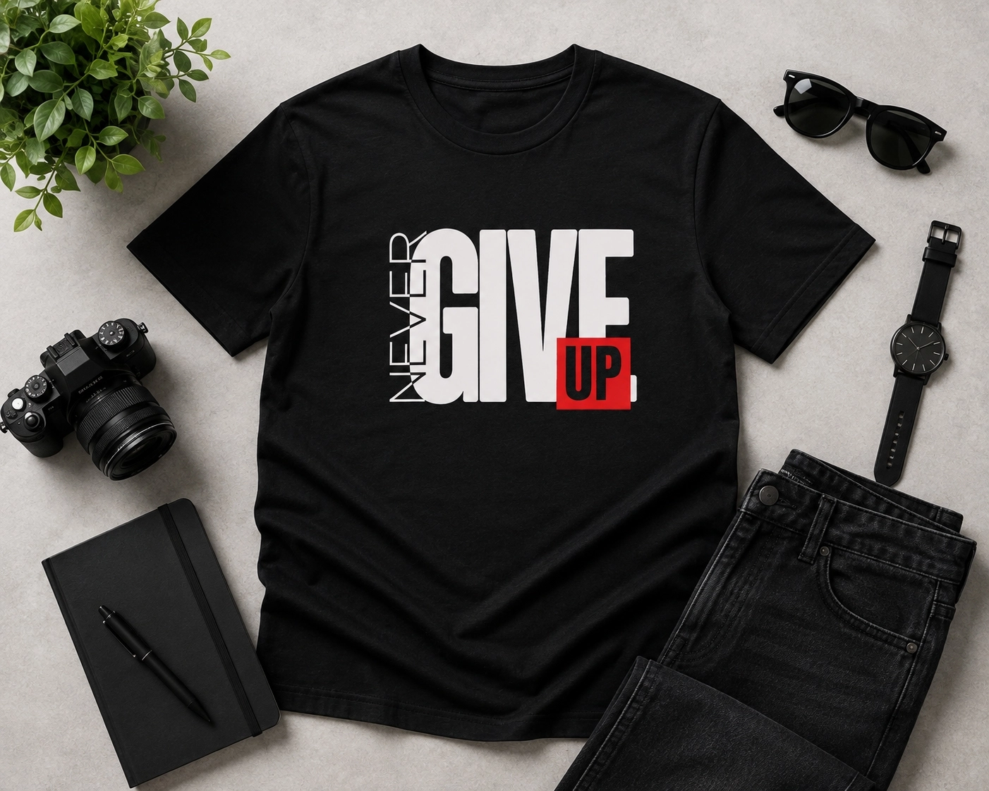 Etifa Never Give Up Premium Unisex Tişört %100 Pamuk Modern Siyah Tişört