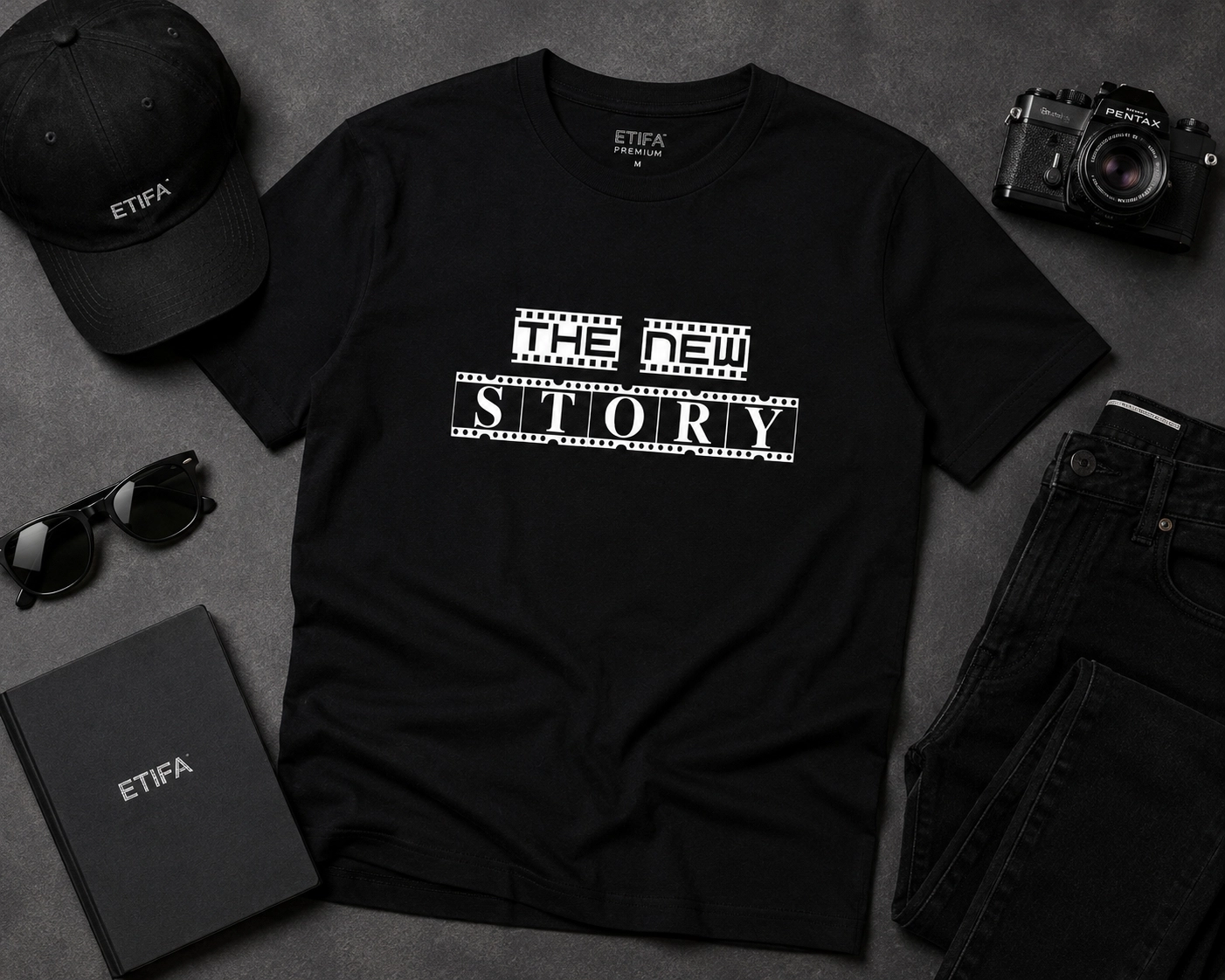 Etifa The New Story Premium Unisex Tişört %100 Pamuk Modern Siyah Tişört