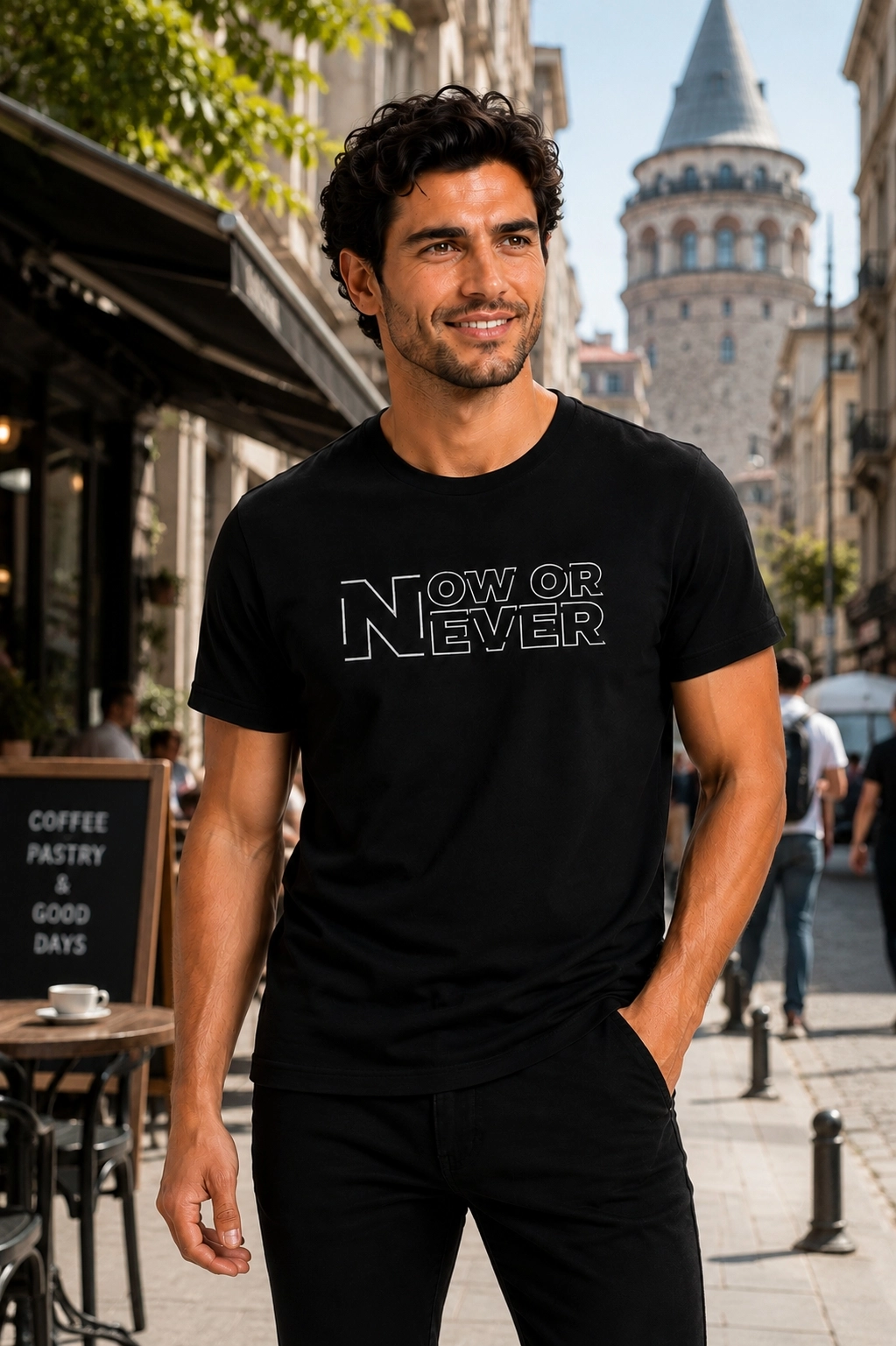 Etifa Now Or Never Premium Unisex Tişört %100 Pamuk Modern Siyah Tişört