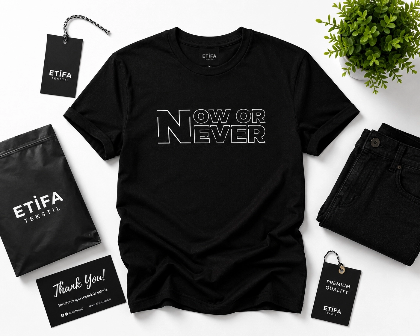 Etifa Now Or Never Premium Unisex Tişört %100 Pamuk Modern Siyah Tişört