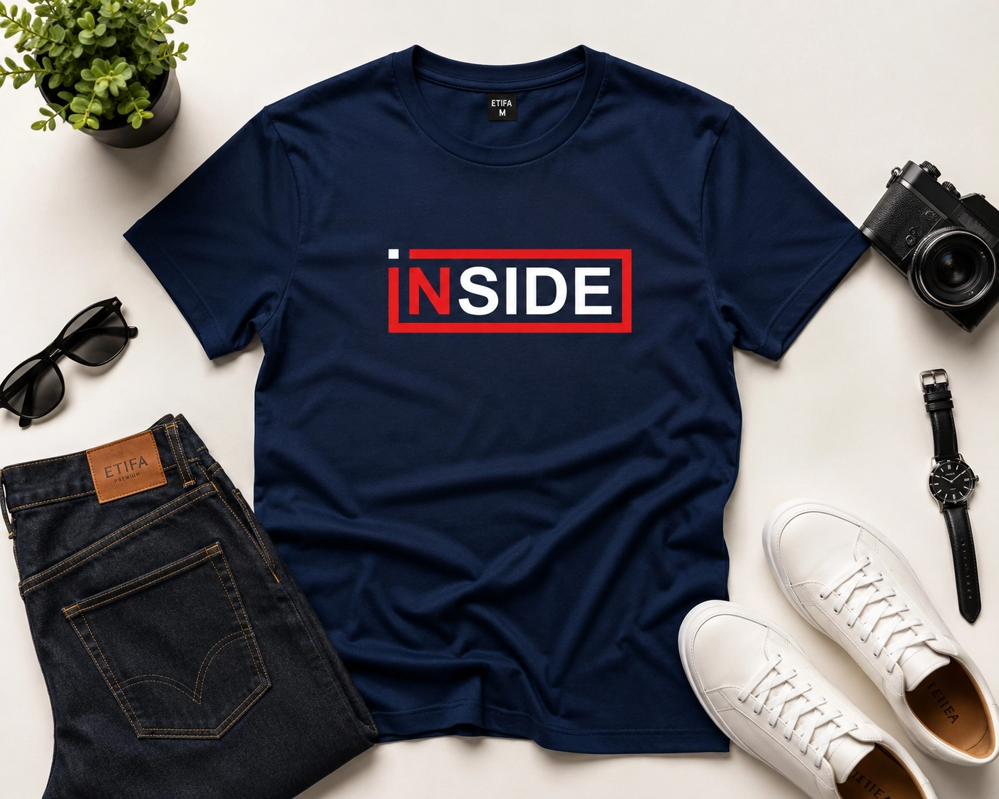 Etifa Inside Premium Unisex Tişört %100 Pamuk Modern Lacivert Tişört