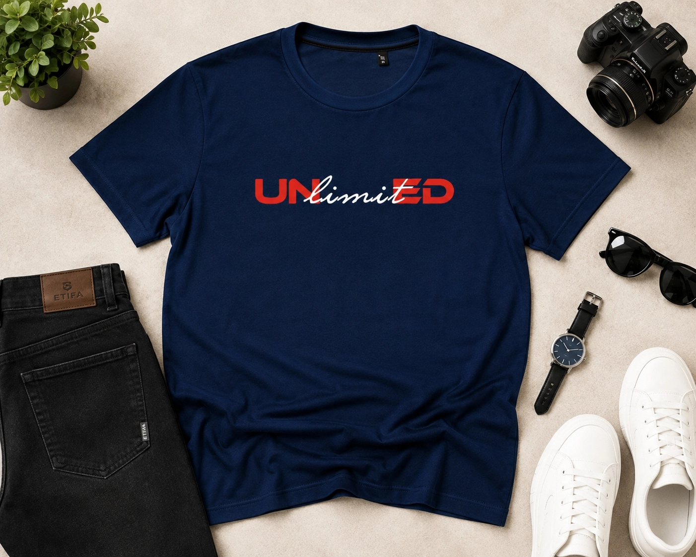 Etifa Unlimited Premium Unisex Tişört %100 Pamuk Modern Lacivert Tişört