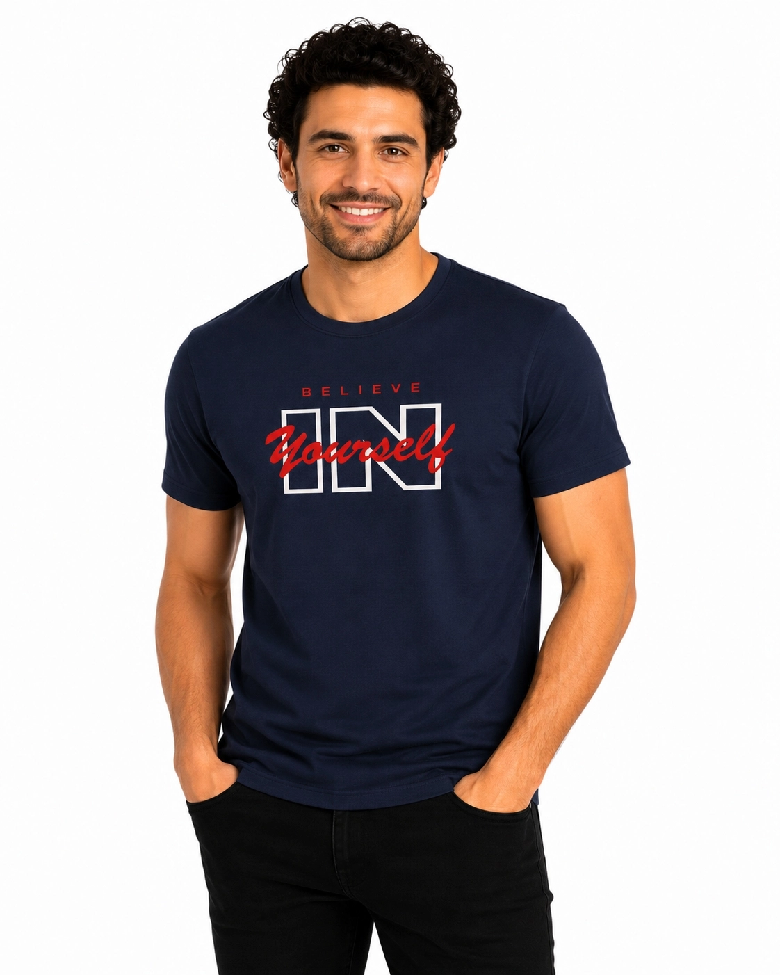 Etifa Believe In Yourself Premium Unisex Tişört %100 Pamuk Modern Lacivert Tişört
