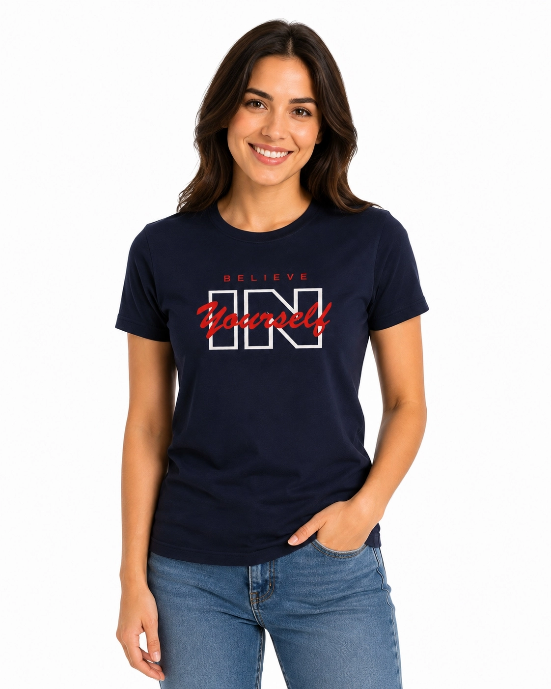 Etifa Believe In Yourself Premium Unisex Tişört %100 Pamuk Modern Lacivert Tişört