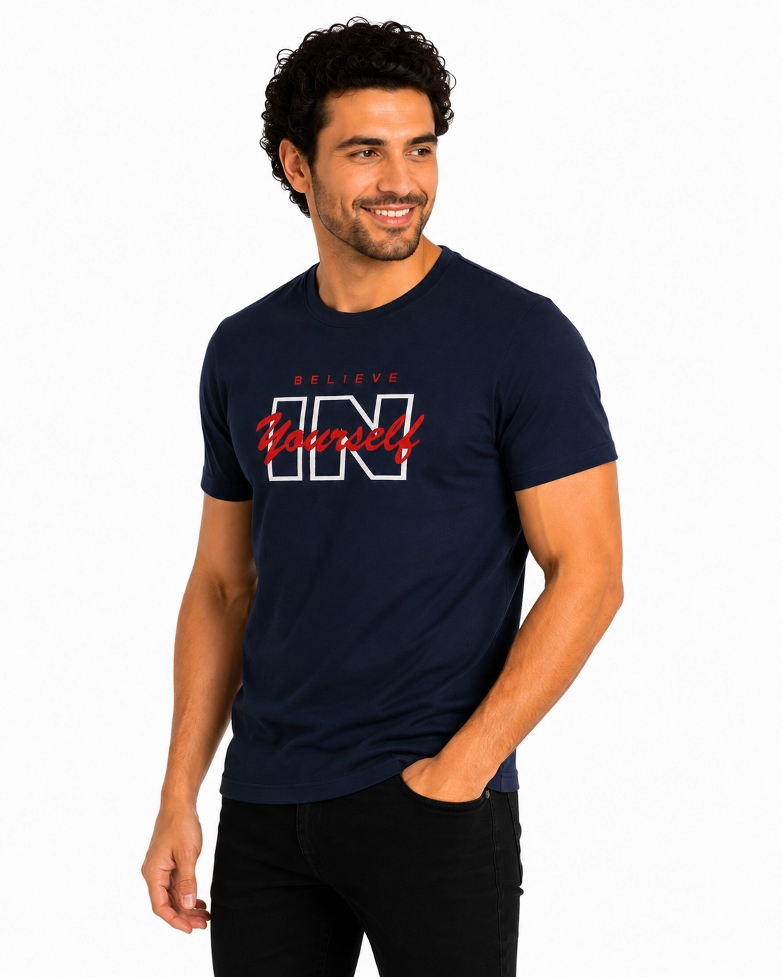 Etifa Believe In Yourself Premium Unisex Tişört %100 Pamuk Modern Lacivert Tişört