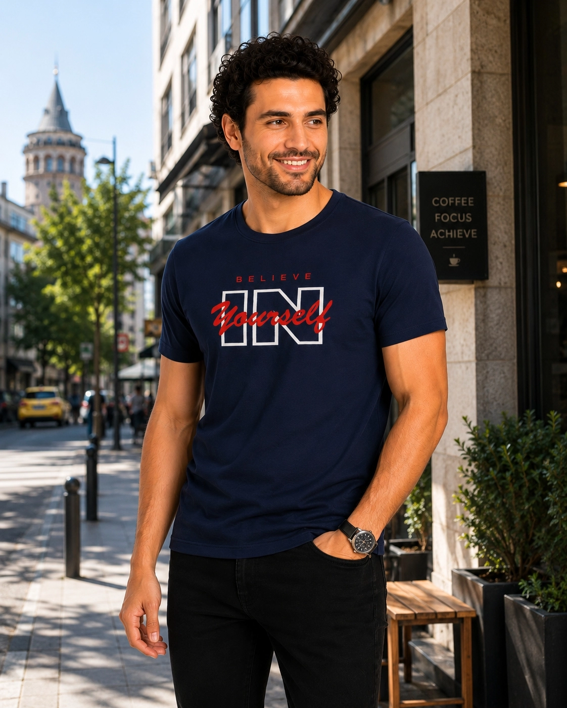 Etifa Believe In Yourself Premium Unisex Tişört %100 Pamuk Modern Lacivert Tişört